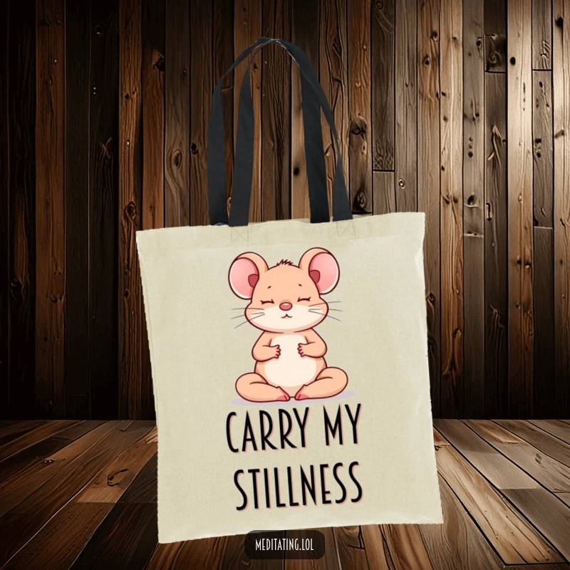 Funny Mouse Tote Bag: A humorous tote bag featuring a meditating mouse, perfect for carrying essentials with a peaceful, funny touch.