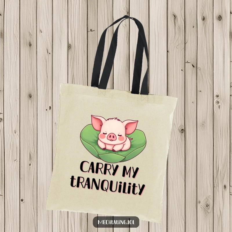 Funny Piglet Tote Bag: A delightful piglet floats on a lotus leaf, showcasing a humorous and charming design.