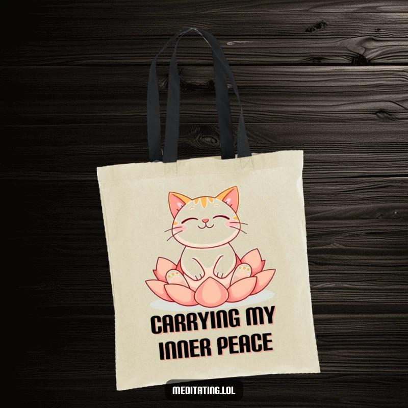 Funny cat tote bag showcasing a cheerful cat floating serenely in a lotus yoga pose, bringing calm to your errands.