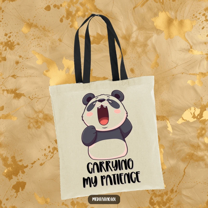 Funny panda tote bag showcasing a determined panda taking a deep, visible breath upwards, humorously promoting stress relief.