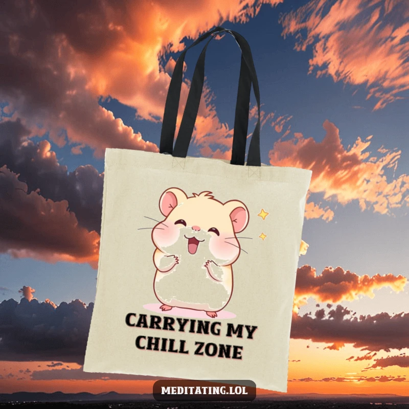 Funny hamster tote bag showing a cheerful hamster meditating and wafting distractions, ideal for carrying items with humorous, practical style.