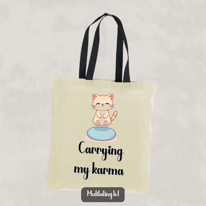 Funny Tote Bag: A cute cat levitating slightly above a meditation cushion, carrying spiritual humor and mystical vibes.